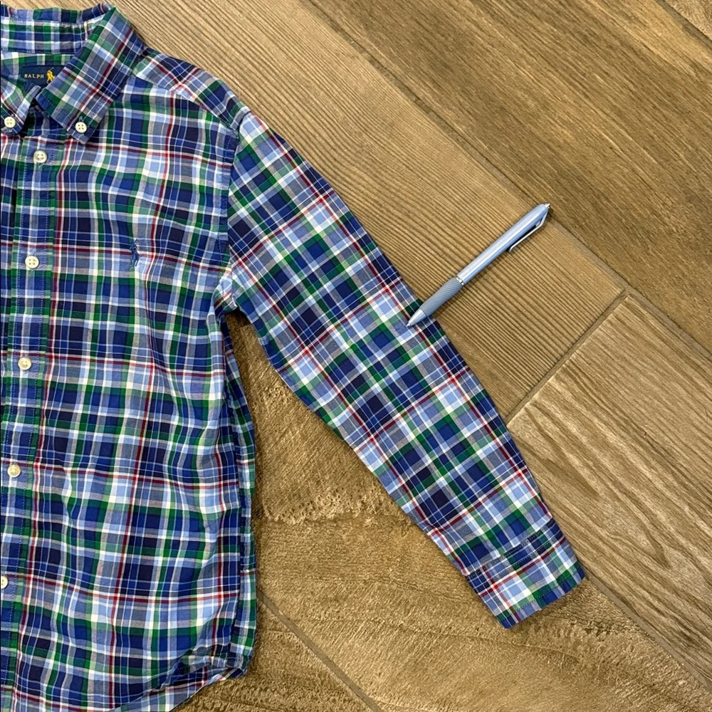 Polo Ralph Lauren Boys 7 Blue Green Plaid Cotton Long Sleeve Button Down Shirt